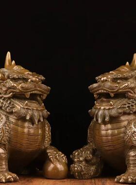 仿古铜神兽坐踏宝火麒麟祥瑞麒麟一对摆件家居饰品办公室工艺品纯