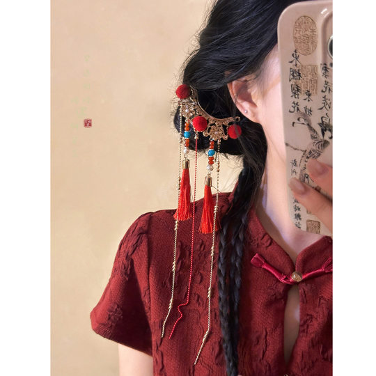 Праздничная красная заколка для волос с кисточкой и кисточкой