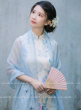 清冷气质新中式披肩~国风蓝色