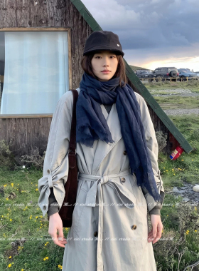 复古文艺风藏青色棉麻长围巾秋季