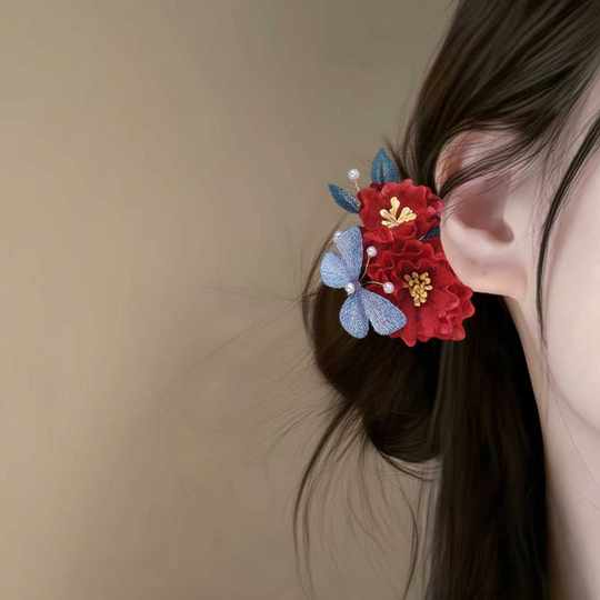 十里红妆~新中式红色花朵发夹新娘旗袍结婚盘发头饰订婚旅行发卡