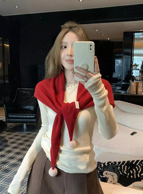 复古红色毛球针织毛线三角巾披肩