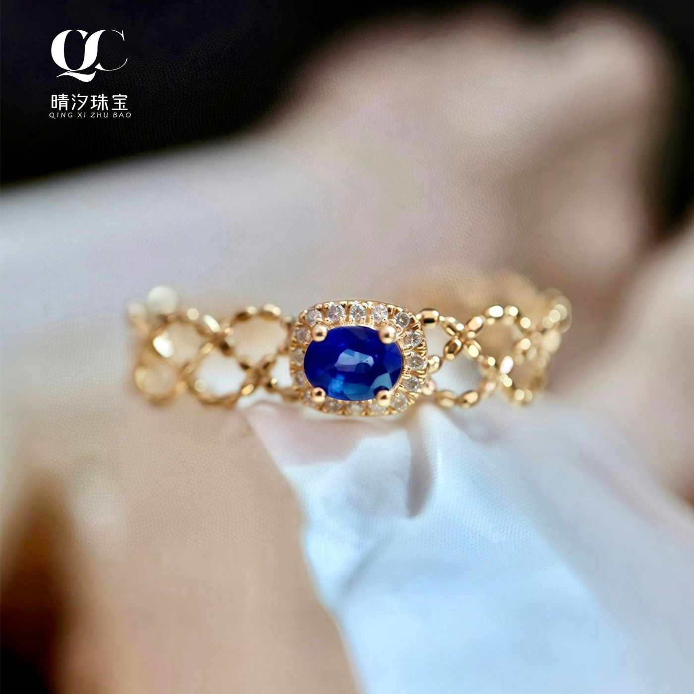 18k金红宝石戒指精致复古蕾丝可抽拉调节链戒天然蓝宝女戒手饰 - 图1