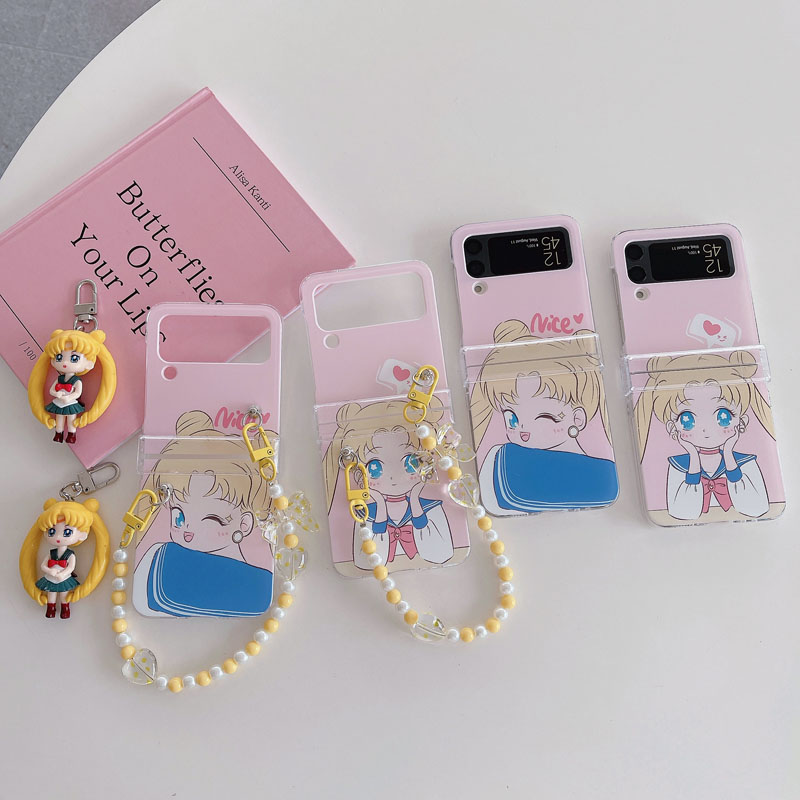适用三星zflip5手机壳可爱卡通INS风粉美少女战士侧边硬保护套新zflip 3壳折叠屏手提短手链flip4三公仔吊坠3