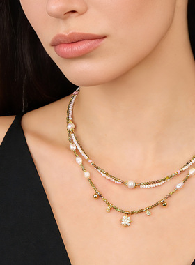 Clau Cris新品春日絮语粉绿撞色锁骨链叠戴简约气质小众项链