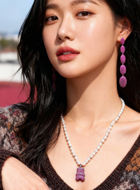 【新年礼物】apm MONACO小熊吊坠玫红色耳环轻奢组合套装送女友