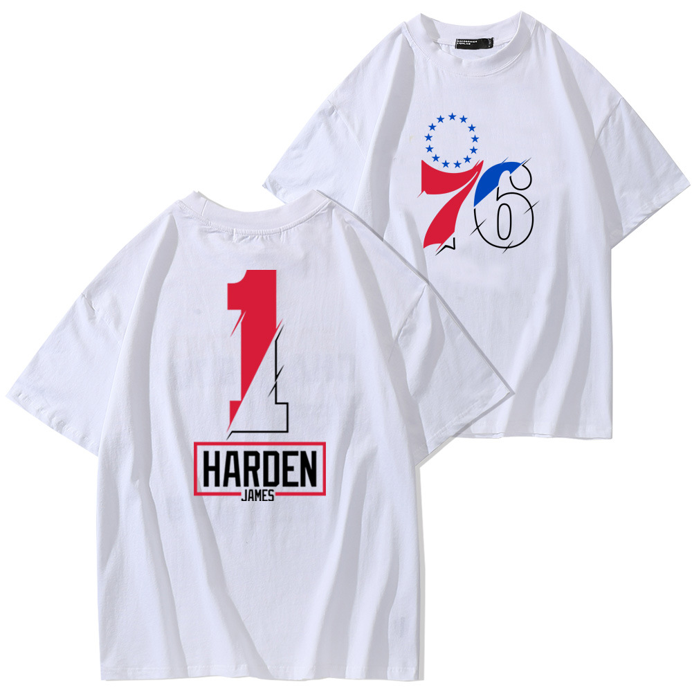 哈登短袖100%纯棉t恤男女Harden76人1号篮球衣休闲大胡子衣服夏季 - 图0