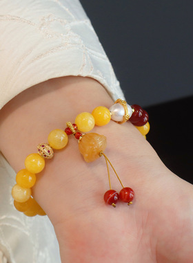 黄色金丝玉红玛瑙铃兰花手链女复古中国风民族红玛瑙手串手饰