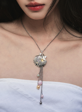 1P Jewelry 金银两色贝壳海星彩色珠串链条抽拉长项链
