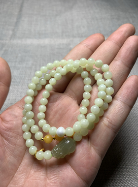 天然和田玉若羌黄口多圈貔貅手链88颗珠子蜜蜡卡6多圈手链毛衣链