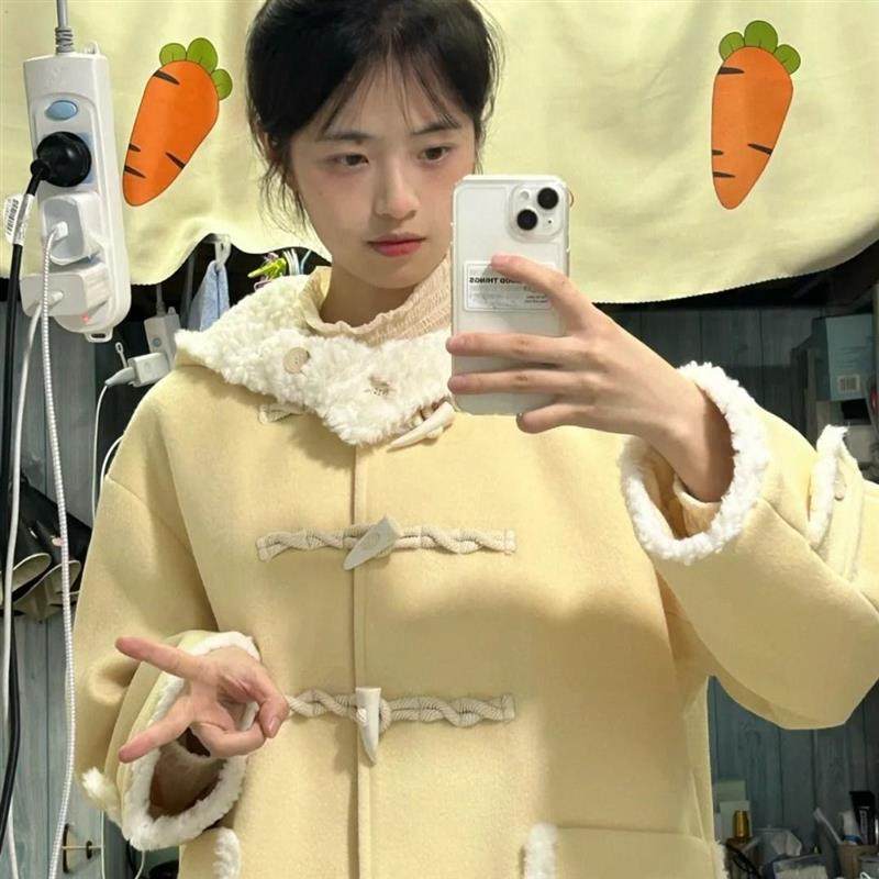 高级感牛角扣毛呢子外套女秋冬季2025新款慵懒风大衣小个子中长款,淘宝优惠券,粉丝福利购,淘宝优惠卷