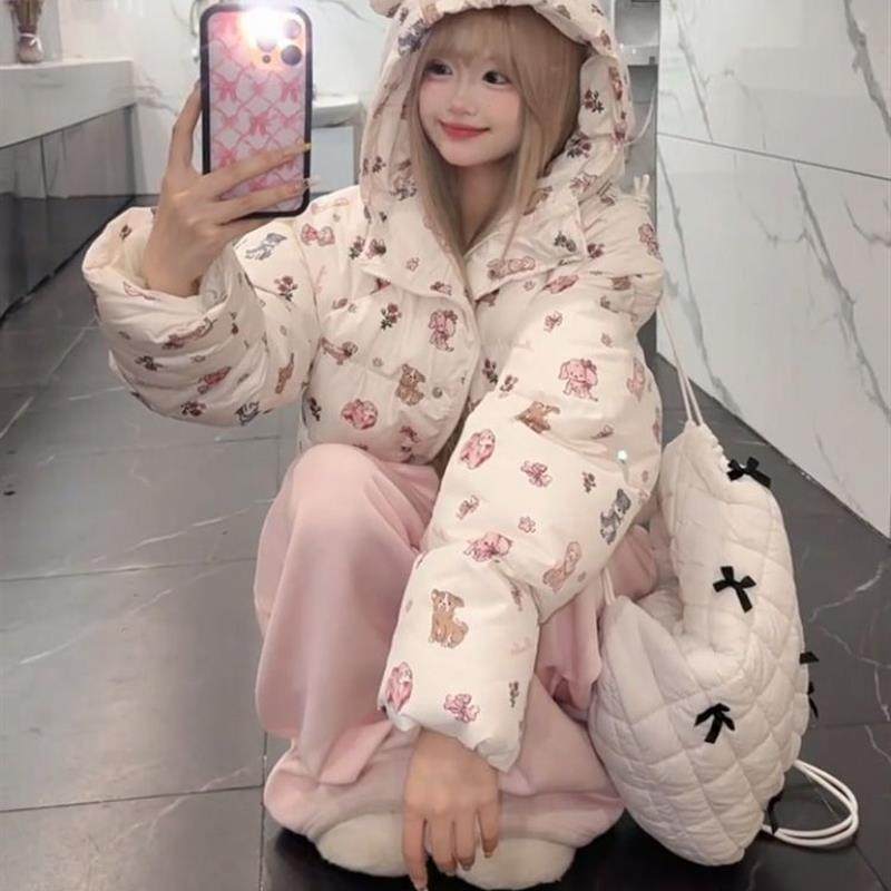 韩版学院甜美可爱卡通印花小狗耳朵连帽棉服冬季防寒保暖面包服女,淘宝优惠券,粉丝福利购,淘宝优惠卷