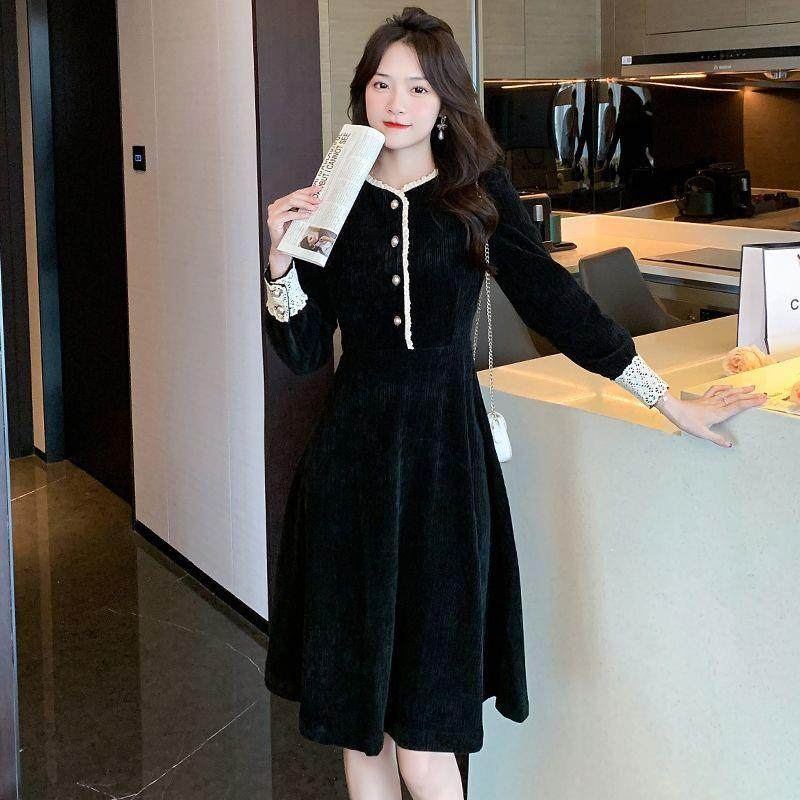 秋冬爆款赫本灯芯绒长袖连衣裙女装2025新款拼接法式复古气质裙子,淘宝优惠券,粉丝福利购,淘宝优惠卷