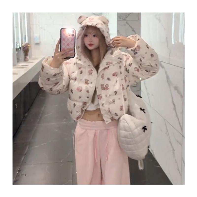 韩版学院甜美可爱卡通印花小狗耳朵连帽棉服冬季防寒保暖面包服女,淘宝优惠券,粉丝福利购,淘宝优惠卷