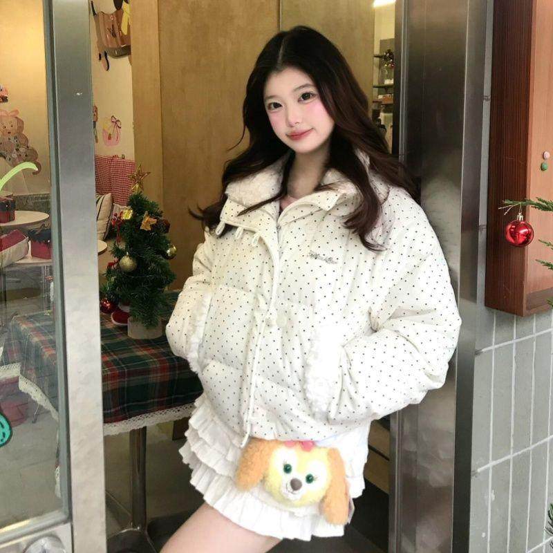 小个子学院甜美可爱减龄羊羔绒加厚保暖拼接翻领波点棉服冬季新款,淘宝优惠券,粉丝福利购,淘宝优惠卷