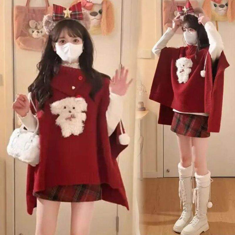 2026冬季新款女装套装森系针织打底衫洋气跨年圣诞斗篷毛衣两件套,淘宝优惠券,粉丝福利购,淘宝优惠卷