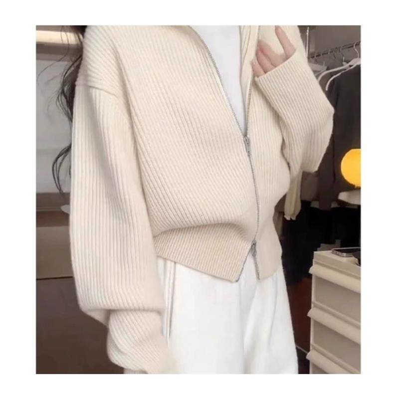 慵懒风双拉链翻领针织开衫女秋冬新款高级感软糯毛衣外套短款上衣,淘宝优惠券,粉丝福利购,淘宝优惠卷