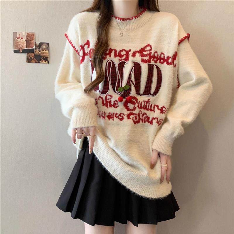 圆领字母提花针织长袖上衣女春秋季大码胖MM美式宽松复古打底毛衣,淘宝优惠券,粉丝福利购,淘宝优惠卷