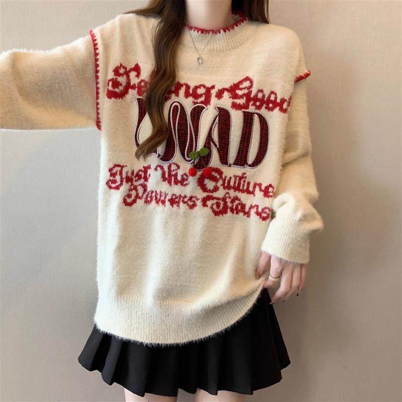 圆领字母提花针织长袖上衣女春秋季大码胖MM美式宽松复古打底毛衣,淘宝优惠券,粉丝福利购,淘宝优惠卷