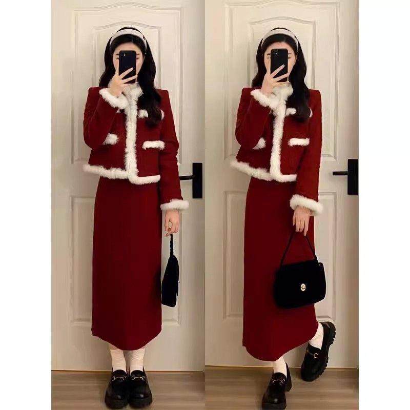 红色连衣裙套装女小香风2025高级新年战袍毛呢外套两件一整套,淘宝优惠券,粉丝福利购,淘宝优惠卷