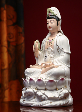悟闻陶瓷水浪坐莲描金观音像摆件