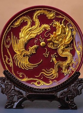 高档支架紫砂朱砂龙凤呈祥盘子摆件高档客厅装饰艺品送礼新人新婚