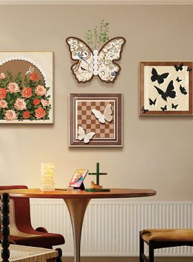 浪漫法式装饰画餐厅装饰画餐厅挂画感蝴蝶绿植背景墙装饰