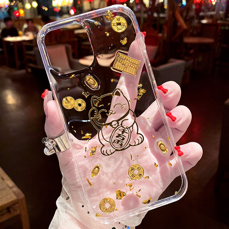 适用苹果15原创手机壳iphone14promax新款13滴胶12金箔xr防摔8plus透明xs保护套mini硅胶7可爱se好运6s招财猫