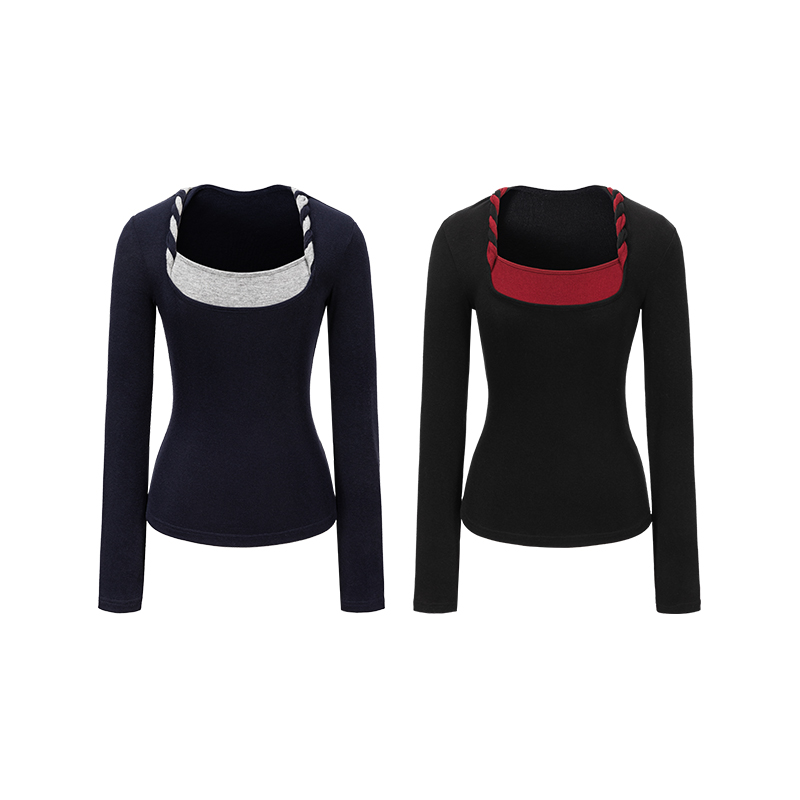 肉装小cherry 调性穿搭 微胖纯欲方领撞色扭结打底衫女假两件上衣 - 图3