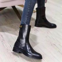 Genuine leather single boot 2023 autumn winter new rear zipper round head coarse heel Martin boot female plus suede Inn wind short boot