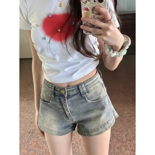 美式复古高街牛仔短裤女夏季薄款辣妹高腰修身显瘦做旧a字热裤子 - 图0