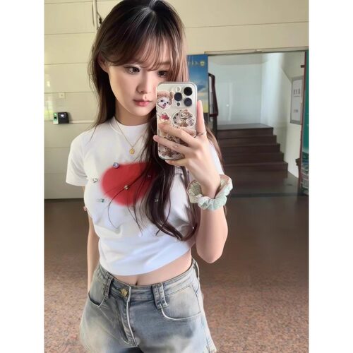 美式复古高街牛仔短裤女夏季薄款辣妹高腰修身显瘦做旧a字热裤子 - 图1