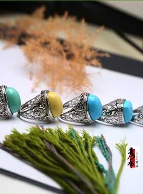 湖北绿松石全手工镂空镶嵌高瓷蓝绿男女款情侣戒指活口指环饰品