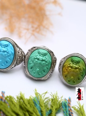 湖北绿松石精工雕刻高瓷高蓝貔貅戒指扳指男女士指环活口