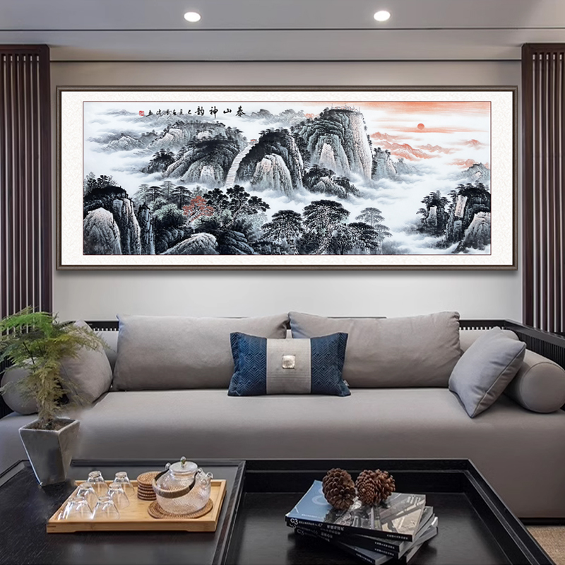 纯手绘泰山日出图国画山水画办公室挂画新中式客厅沙发背景装饰画