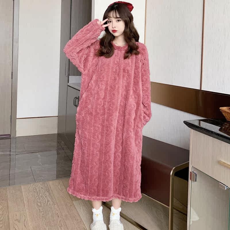 秋冬季长款珊瑚绒胖mm纯色睡衣裙 秋南枝睡裙
