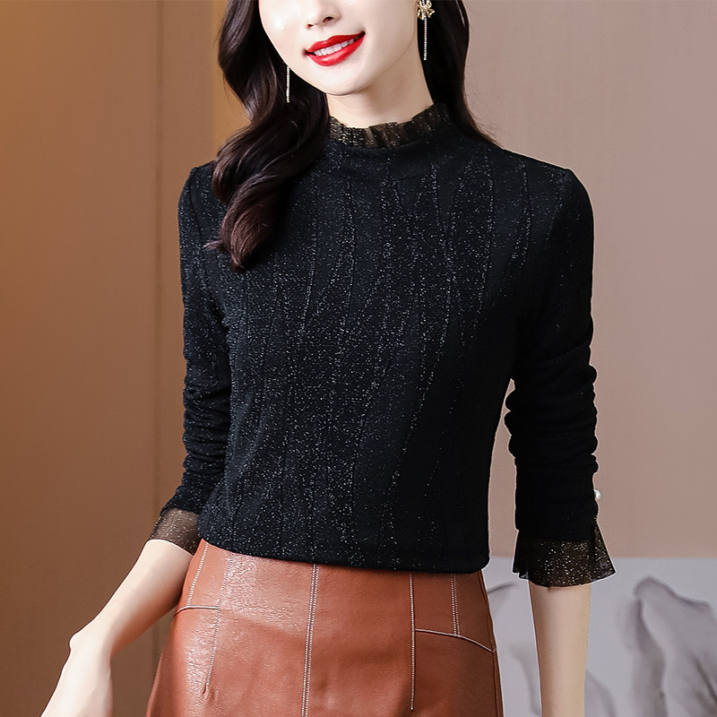 北萱加绒加厚立领亮丝蕾丝打底衫 北萱T恤