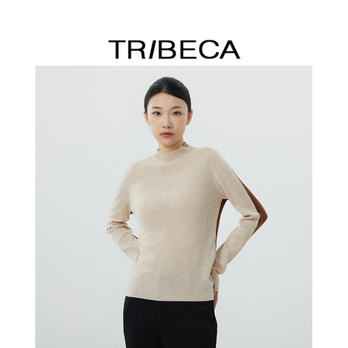 TRIBECA翠贝卡秋冬商场同款双色拼接套头毛衣女半高领针织打底衫 - 图0