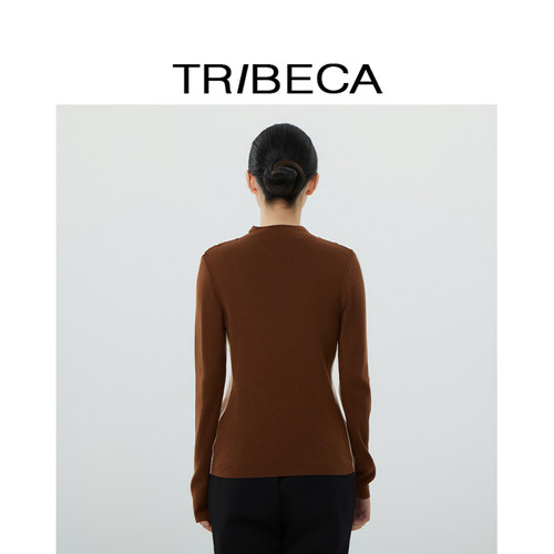 TRIBECA翠贝卡秋冬商场同款双色拼接套头毛衣女半高领针织打底衫 - 图1
