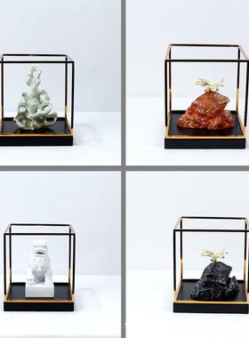 新中式禅意狮子太湖石金属框架摆件客厅玄关样板间电视柜软装饰品
