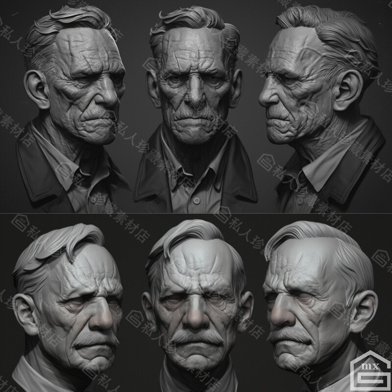 420张zbrush欧美老人老头老年人男性头部头像肖像雕刻参考图片jpg
