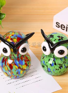 简约猫头鹰玻璃件混12摆彩玻璃动物工艺摆品家货居装饰品日式杂件