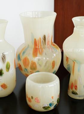 高级感水彩手工玻璃花瓶中古奶油色玄关琉璃法式插花器装饰品摆件