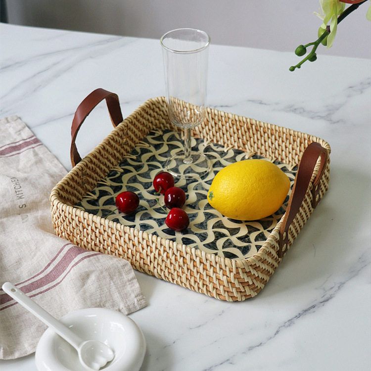 藤编贝壳托盘手工编织面包零食水茶杯皮把手圆形高档端轻精致轻奢,淘宝优惠券,粉丝福利购,淘宝优惠卷
