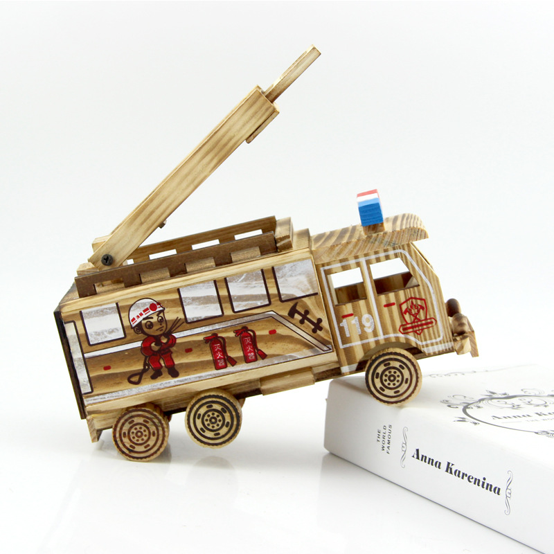 新款木制仿真迷你消防车玩具车模型救火车玩具摆件装饰品