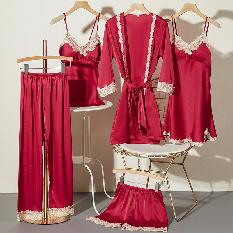 性感春秋冰丝带胸垫丝绸睡袍 松子壳睡衣/家居服套装