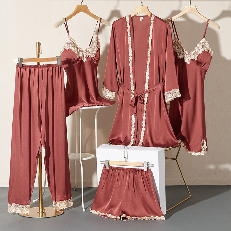 性感春秋冰丝带胸垫丝绸睡袍 松子壳睡衣/家居服套装