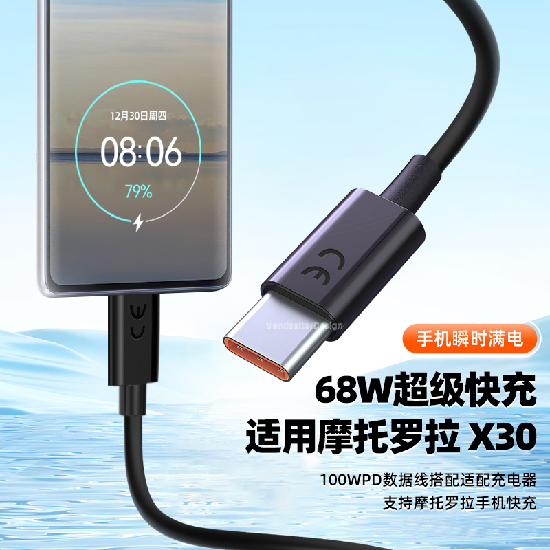 赢潜 适用摩托罗拉edgex30/x30屏下数据线68W快充edges30/s pro联想拯救者2pro/pro/y90双头type-c充电线 - 图1