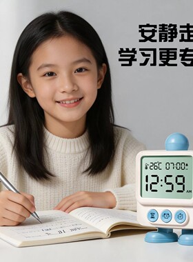 得力创意萌趣闹钟多功能计时时钟学生专用起床神器带温度显示