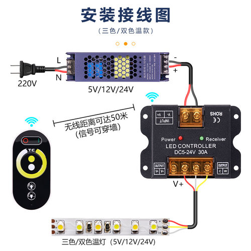 6键LED全彩低压RGBWC单色三色调光控制器12V24V灯带灯条遥控双色 - 图0